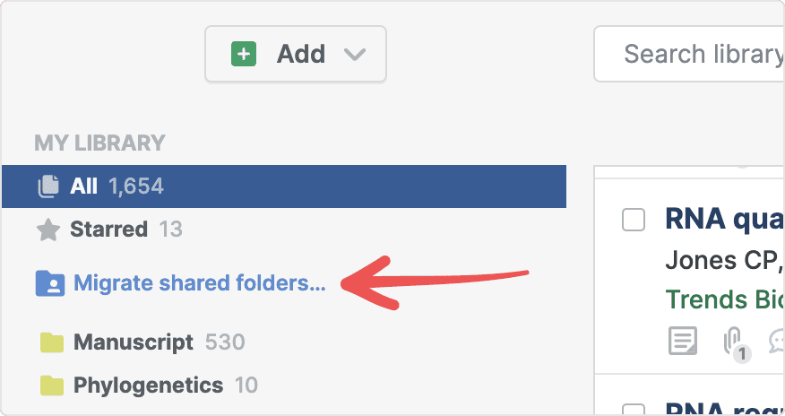 The library sidebar with a red arrow pointing to the blue “Migrate shared folders…” entry under My Library, between Starred and the Manuscript folder.